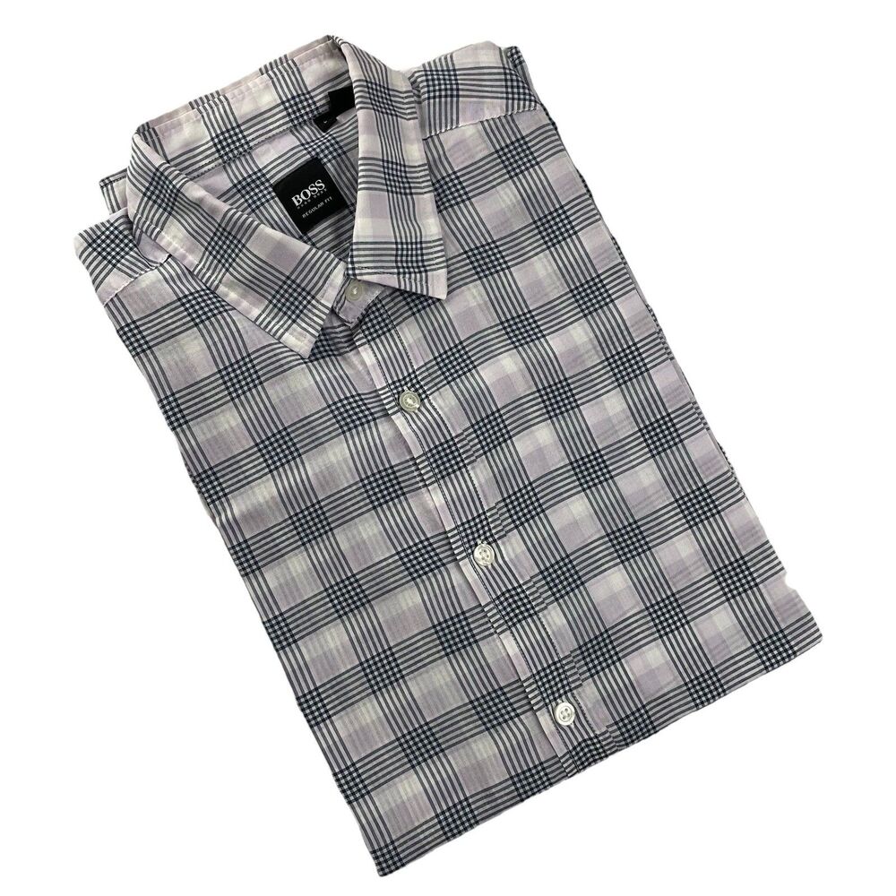 Hugo Boss Mens Tattersall Plaid Long Sleeve Button Up Cotton White Black Blush-L